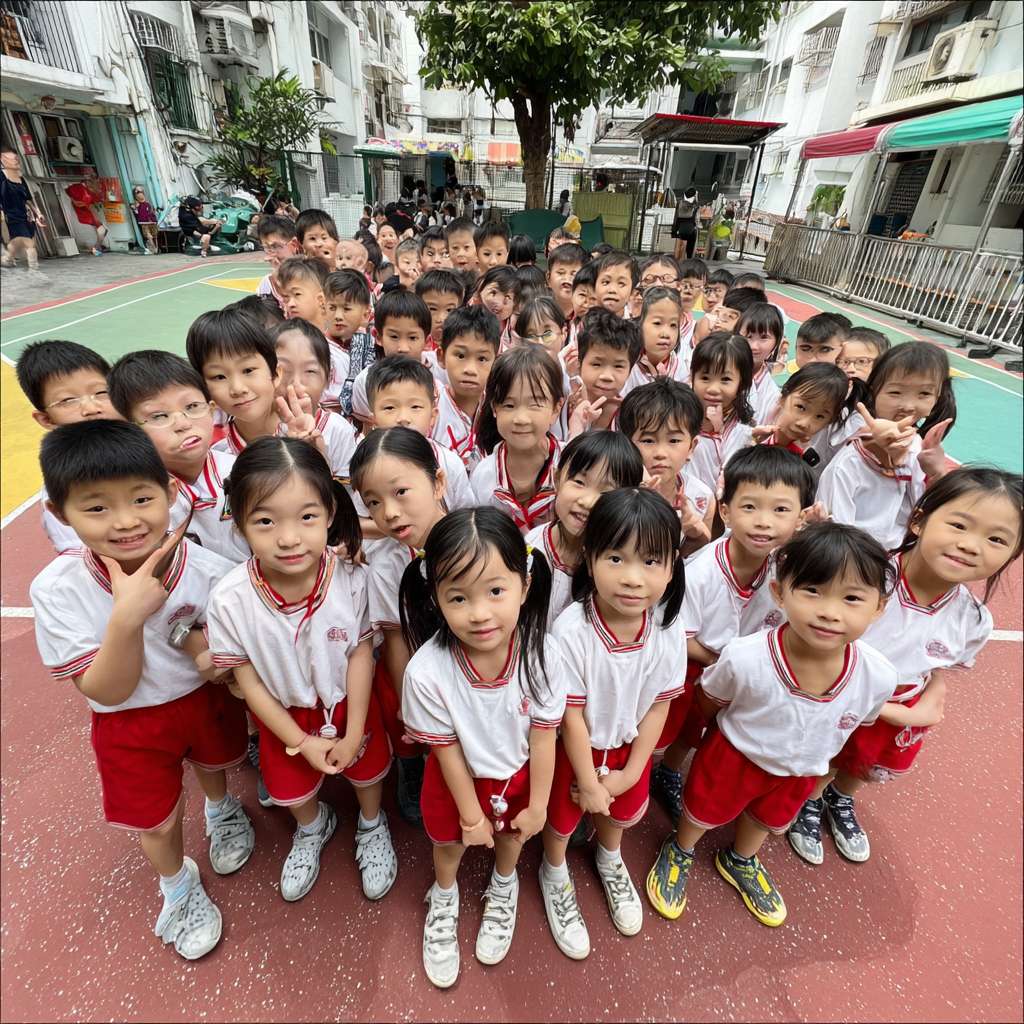 一班小六穿校服的學生們在校園裡圍成一個半圓形，以卡通的風格展示穿山甲、老虎、水獺、熊貓、飛鼠、龜等等的瀕危物種，讓學生們一起將積木併上瀕危動物圖案上 --ar 1:1 --v 7 --stylize 100 --fast --no 水印
