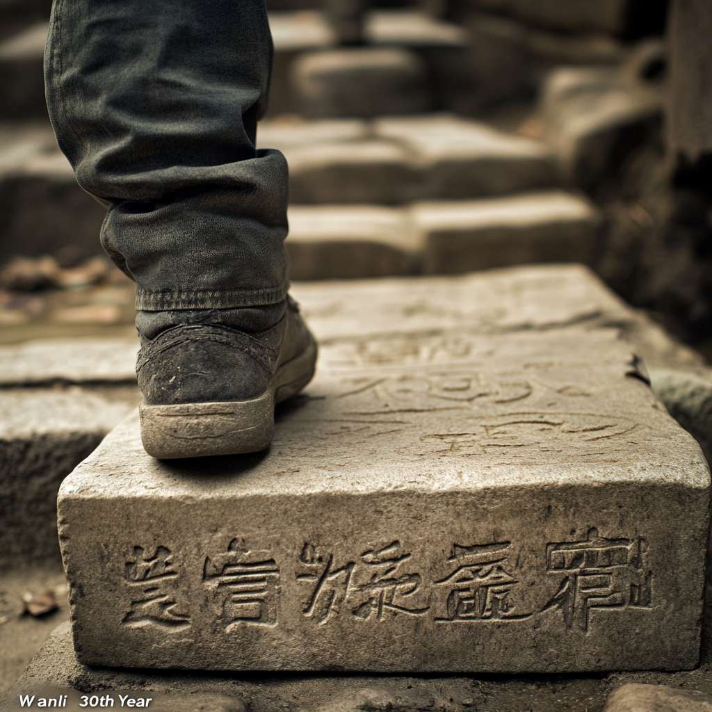青年每登一级台阶，脚下石板浮现明代工匠雕凿的“万历三十年”字样（特效处理） --ar 1:1 --v 6.1 --stylize 100 --fast