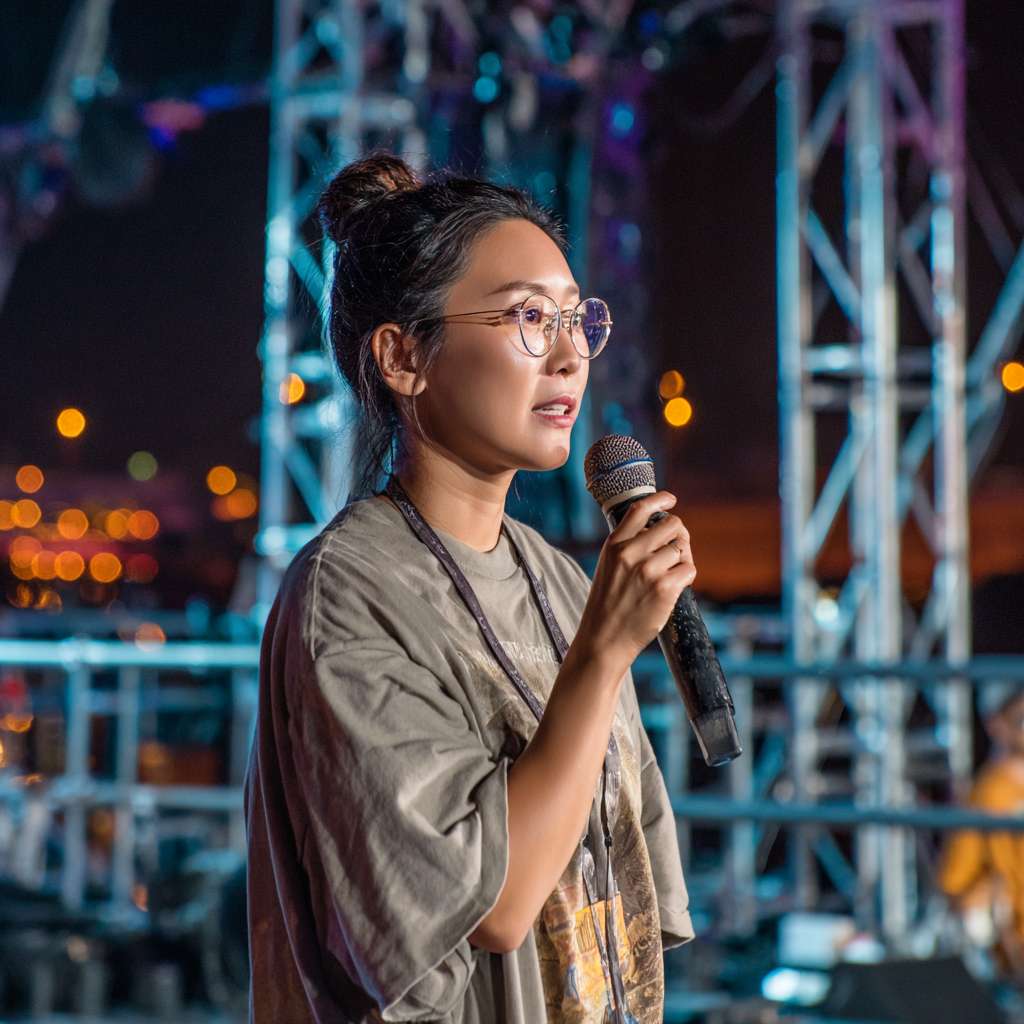 一个节目组导演拿着麦克风很认真地在指导现场，背景是一个夜晚的舞台 --ar 1:1 --v 7 --stylize 100 --fast --no 水印