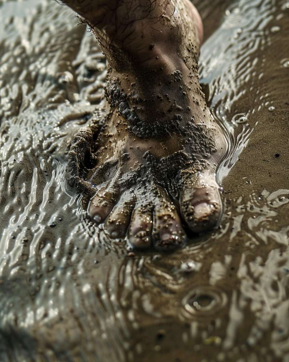 Extreme close-up of foot sinking into wet sand showing detailed texture, no text, forensic photography realism --ar 4:5 --v 6 --stylize 100 --fast