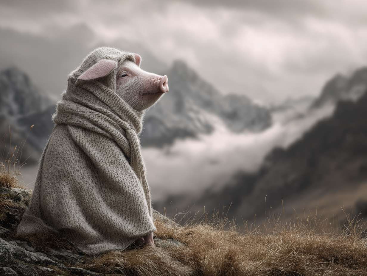 Photorealistic cinematic image，A pale pink pig on the grass next to the mountaintop, facing away from the camera,it also it's a scarf around it head, which is partially covering it face, giving her a mysterious look.Overall, these images convey a sense of desolation and grandeur, possibly telling a story about adventure, and emotional expressions all suggest that this may be a work with a strong narrative and visual impact,with a rocky mountain range behind it, and fog connecting the mountain range, full of warm colors and ultra high definition real materials，Ultra wide view shot， highly detailed photo. --ar 4:3 --v 7 --style raw --stylize 100 --fast