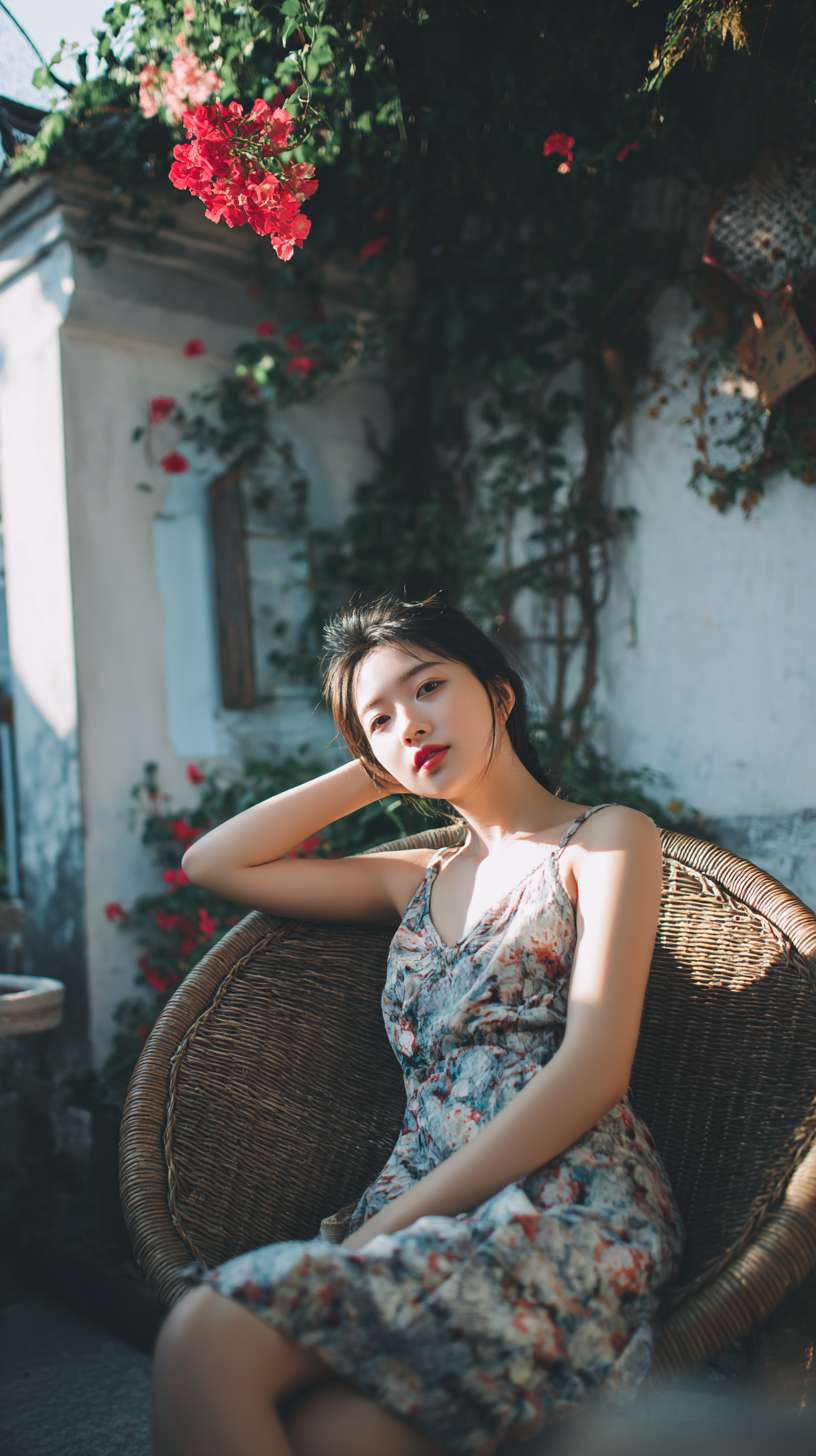 在一个白墙灰瓦的大理小院子里，一个美女在躺椅上悠闲的躺着晒太阳，院子里开满了花 --ar 9:16 --v 7 --stylize 100 --fast --no 水印