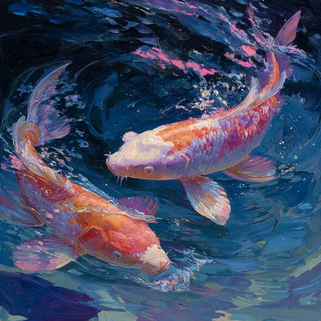 Surreal koi swimming in blue water, with splashes of pink, orange, and purple light; dynamic brushwork—loose for waves, detailed for scales—creating lively ambiance, oil. --ar 1:1 --v 7 --stylize 100 --fast