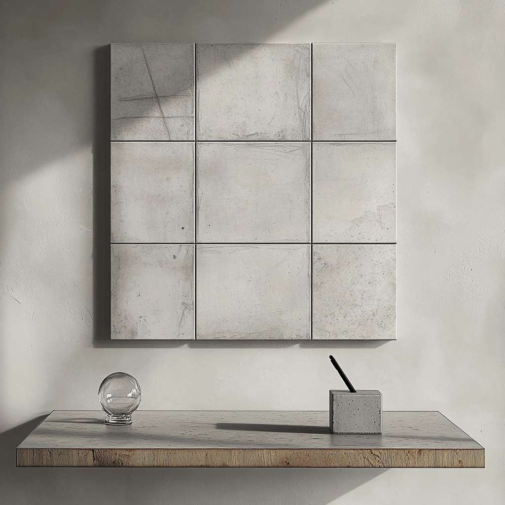 Modular desk system against light grey wall, 9-square grid overlay visible in post-production, each 30x30cm sector contains one object: ① glass paperweight ② single black pen ③ 10cm concrete cube ④ empty sector, shadows calculated at 45° azimuth, technical drawing aesthetic with 5% margin --ar 1:1 --v 6.1 --stylize 100 --fast --no organic shapes