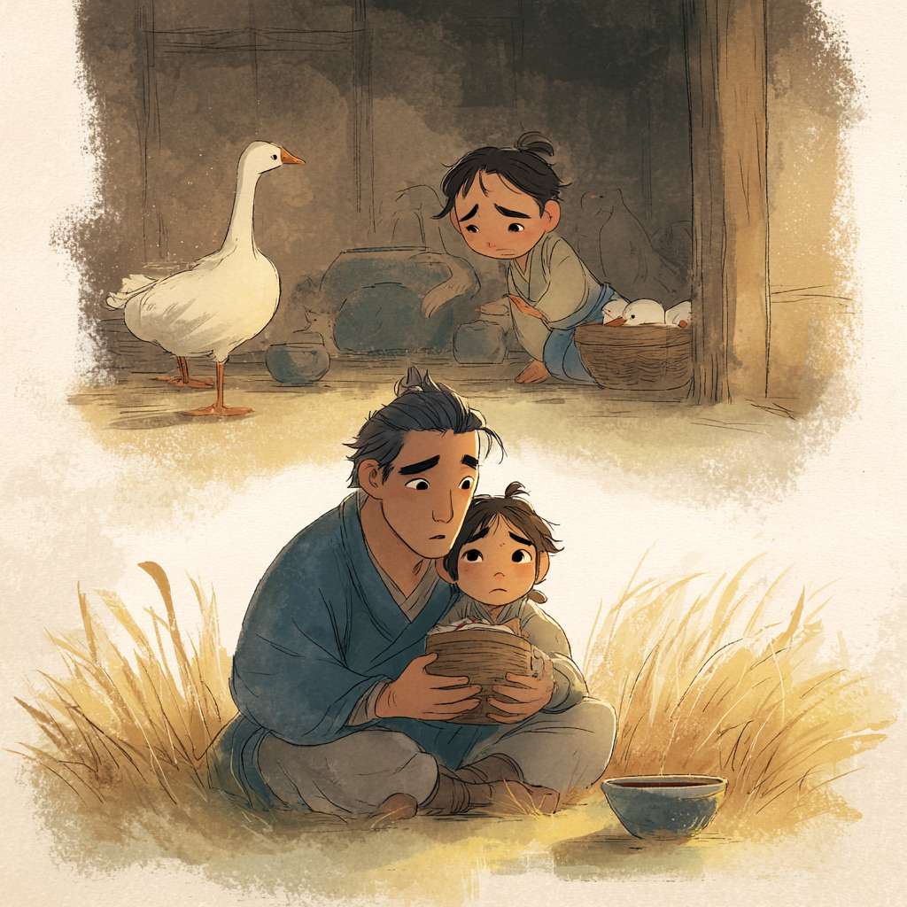 prompt
Double-register illustration in Tang Dynasty style. Upper register: Inside a rustic farmhouse hall, a man, John, in a blue布长衫 holds a bamboo basket containing a tiny, frail Wilbur. Young Fern, with tearful eyes and a pleading expression, tugs at her father's sleeve. Lower register: Fern sits on a grass mat in the meadow, cradling Wilbur on her lap, a ceramic feeding bowl beside her. In the background, several Tang-style white geese wander gracefully. The scene captures both drama and tenderness, Chinese storybook style, expressive figures, warm and soft lighting. --ar 1:1 --v 7 --stylize 100 --fast --no 水印