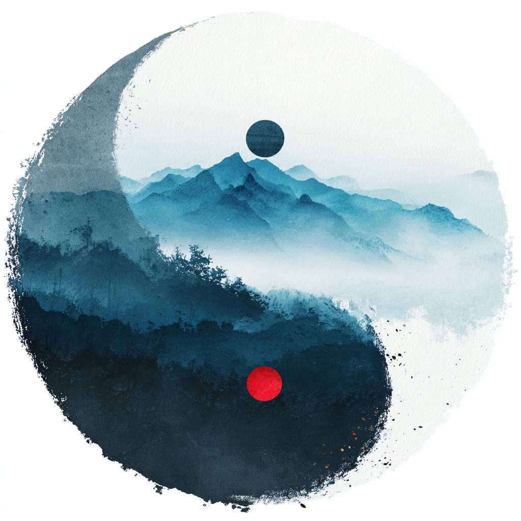 The circular logo adopts the traditional Chinese ink Tai Chi symbol (not a circle), with alternating shades of blue, black, and white, surrounded by a hazy silhouette of a blue mountain range, with a red dot in the center and a pure white background. It has a Zen style, simple design, no text, no watermark, high resolution, and vector graphics --ar 1:1 --v 7 --stylize 100 --fast
