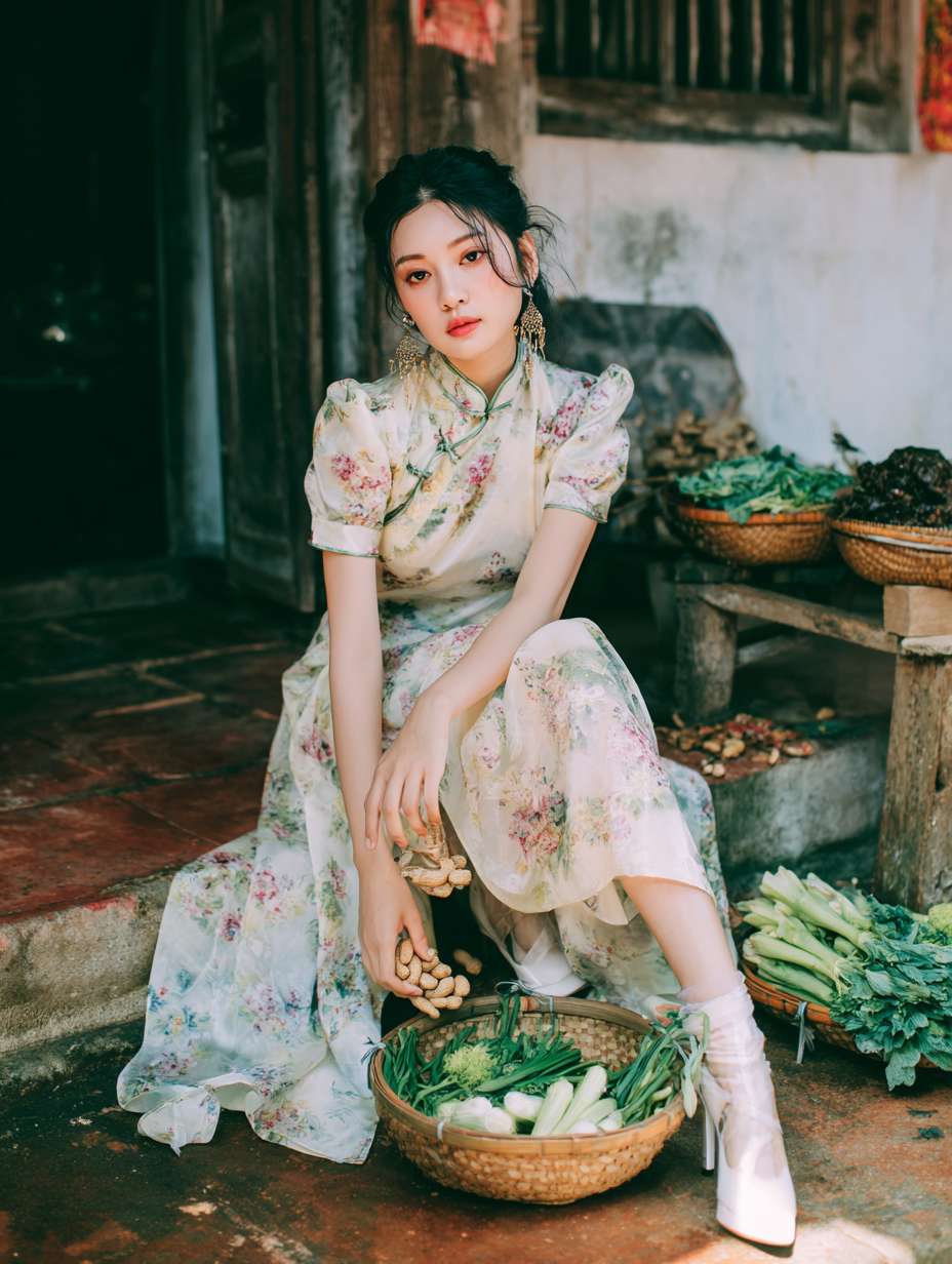 一位身着轻薄连衣高叉裙并有细微大花纹、肉色轻薄丝袜和白色高跟鞋的 35 岁 女性坐在水泥墩子，手里剥花生 ，地上是刚摘来的竹篮子和蔬菜，皖南农家小院场景，朴素生活风格，中景镜头，柔和色调、时尚生活氛围，构图合理，真人全身照，高清分辨率，场面全景远景，能看到人物和院子里面全景 --ar 3:4 --v 7 --stylize 100 --fast --no 水印