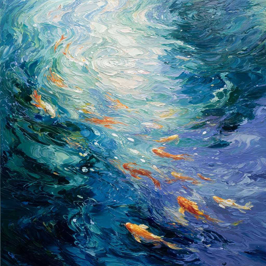 Dynamic blue sea with swirling light and swimming koi, brushwork blending loose and detailed styles, lively energy, abstract oil. --ar 1:1 --v 7 --stylize 100 --fast