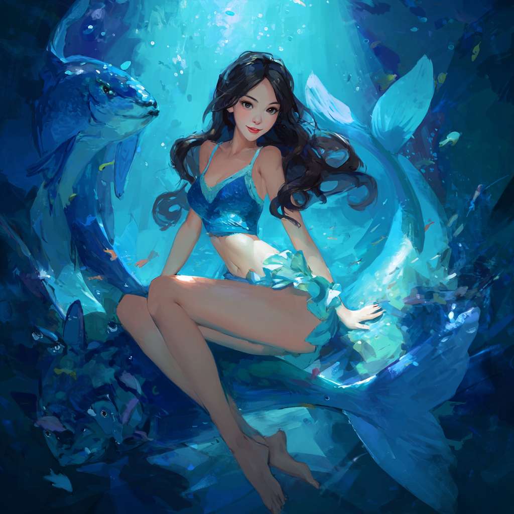长发美少女，穿着脚蹼在大海中畅游，身边有大型的鱼类。 --ar 1:1 --v 7 --stylize 100 --fast --no 水印