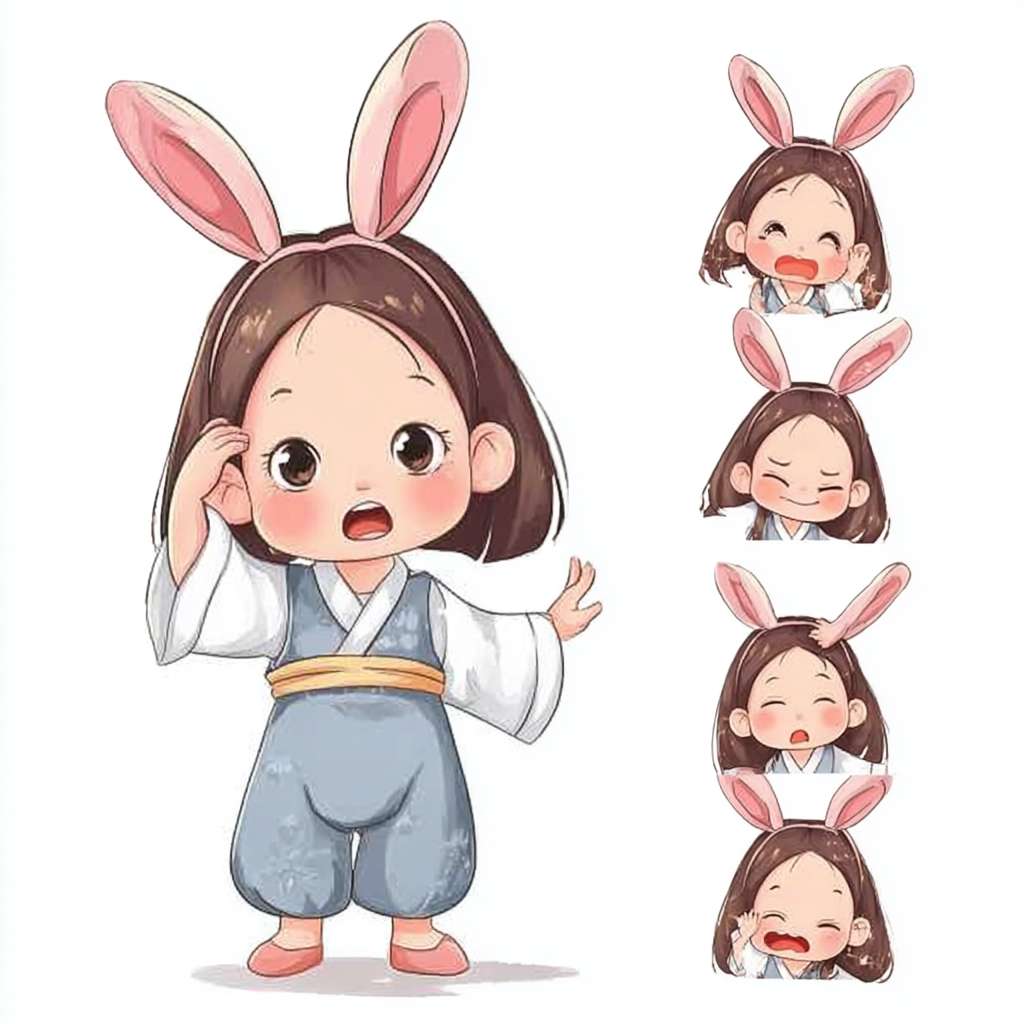 https://img-xpc-mj0.xpccdn.com/prod/upload/4f8c1a98-a9f2-40d1-817c-e20e242e3fec/WechatIMG4967.jpg~tplv-5yakomv5zn-auto-v1%3A1024%3A0%3Aq75.jpg 穿着汉服的小女孩，两只兔子耳朵，古典精致，全身图，9种姿势和表情，打招呼，谢谢，睡觉，离开，抱抱，可爱，伤心，大笑，失望，害羞，困倦，吃饭，头晕，表达爱意等，卡通动漫风格，九宫格，一个网格一个表情，不显示网格线 --ar 1:1 --v 7 --stylize 100 --fast --iw 1 --no 水印