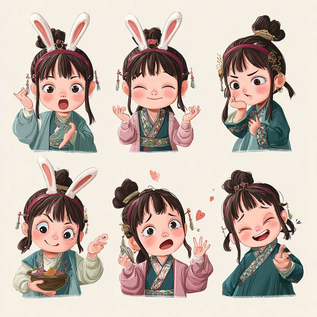 穿着汉服的小女孩，两只兔子耳朵，古典精致，全身图，9种姿势和表情，打招呼，谢谢，睡觉，离开，抱抱，可爱，伤心，大笑，失望，害羞，困倦，吃饭，头晕，表达爱意等，卡通动漫风格，各生成一张图片 --ar 1:1 --v 7 --stylize 100 --fast --no 水印