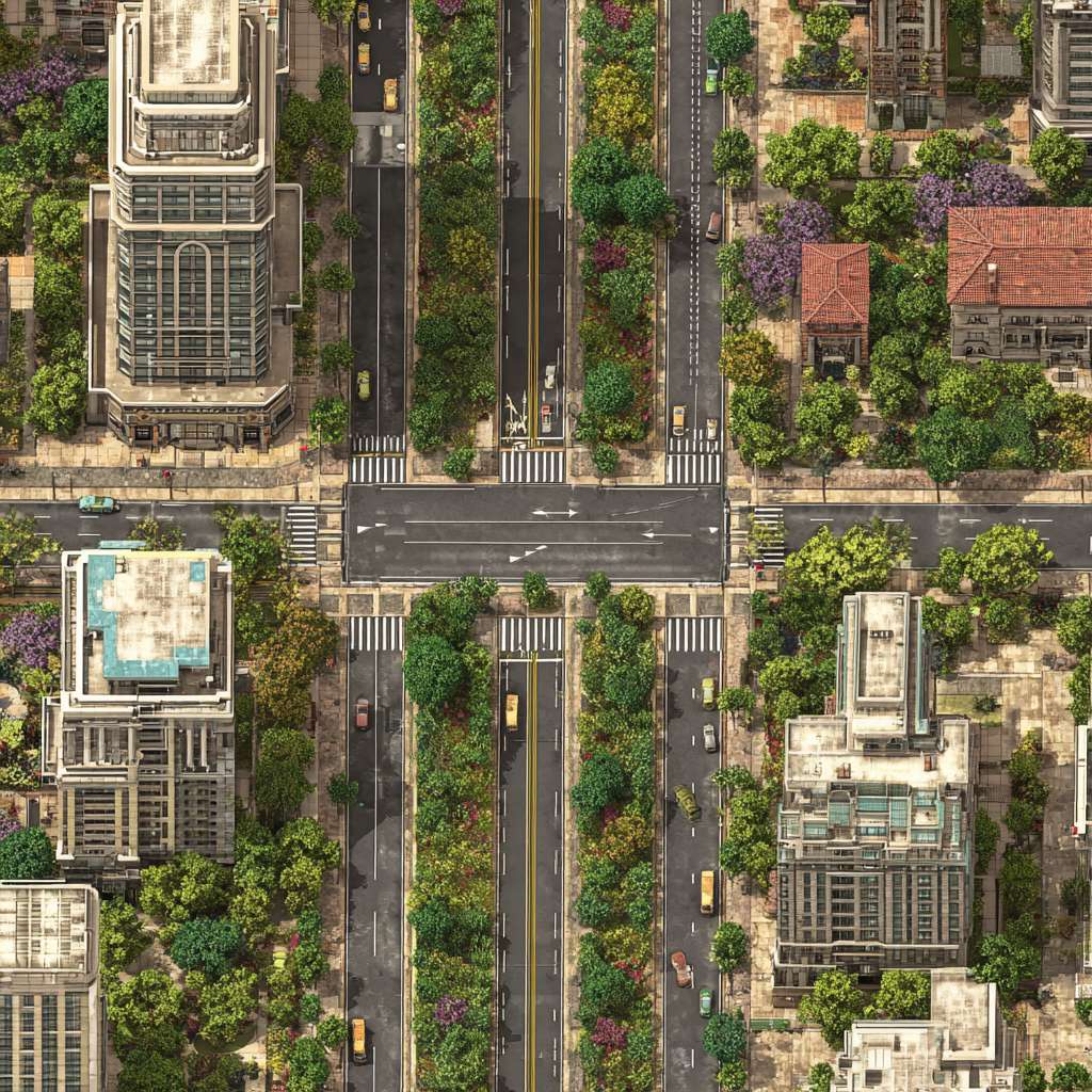 按照卫星图片的地形、道路、建筑布局，绘制一张三维效果图 --ar 1:1 --v 7 --stylize 100 --fast --no 水印