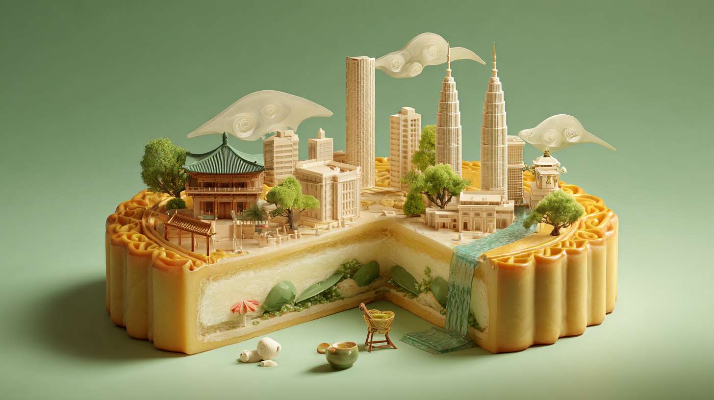 一个月饼创意微缩场景,月饼平放,侧面对着观众,月饼俯视角度,月饼内部展示成都城市真实的特色元素的立体微缩模型,有武侯祠、杜甫草堂等古建,也有成都双子塔等现代建筑,加入熊猫雕塑、茶馆桌椅、竹椅、盖碗茶等元素,还有潺潺流水和绿植营造闲适氛围,整体色调清新浪漫。背景为淡绿纯色。整体风格 3D 渲染,具有梦幻感,使用 C4D 制作,材质上注重光泽感,打光营造出柔和氛围,超详细,高清,HDR,电影构图,强调梦幻和未来感的美学,真实的纹理和光线增强了城市景观的真实性 --ar 16:9 --v 7 --stylize 100 --fast --no 水印