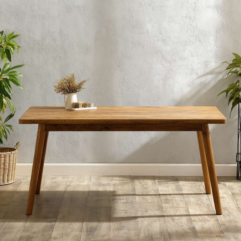 家用木质桌子，家居风，海报风格，桌子旁边有少许植物装饰， 无光影变化，正视图，超细节的， 超高清晰度，对比度，尺寸1200*2293 --ar 1:1 --v 7 --stylize 100 --fast --no 水印