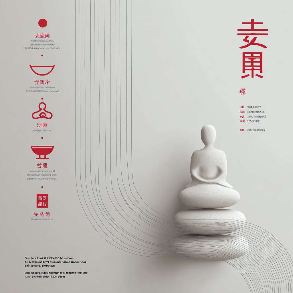 "White background, left side: vertical red icons (Tai Chi symbol, meditation stick figure, rice bowl), right side: Chinese text '正念 | 八段锦 | 食疗 | 国学' in modern font, light gray geometric lines at bottom, minimalist Chinese style, 1200x600 pixels" --ar 1:1 --v 7 --stylize 100 --fast --no 水印