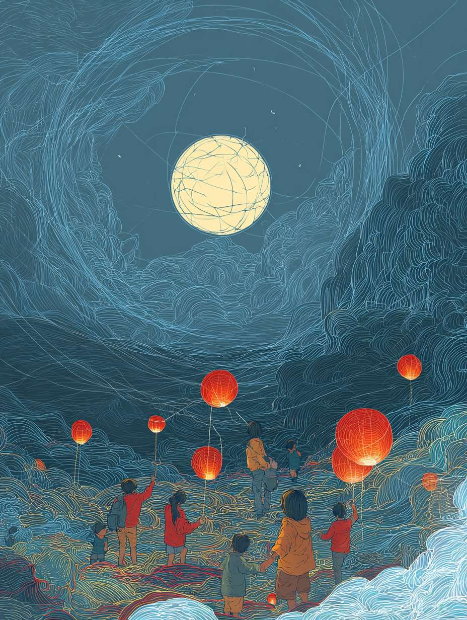 The background of the picture is a huge moon, and several children are playing with lanterns. The atmosphere is festive, and the moon is drawn with complex linear colored lines. The illustration is drawn with flat style colored lines, with red as the main color. It is an imaginative illustration, with a bird's-eye view, 64K, --ar 3:4 --v 7 --stylize 100 --fast