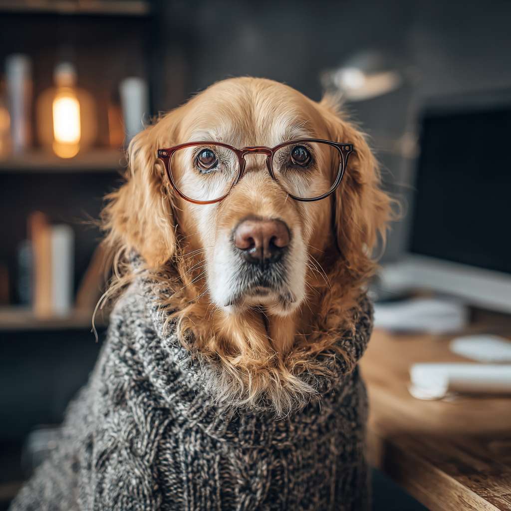 【主体描述】：一只金色的成年金毛犬
【细节描述】：穿着舒适的毛衣，戴着眼镜，表情困惑
【环境/场景】：坐在一个充满书籍的现代化办公室里，看着电脑屏幕
【风格/画质】：照片级真实感，电影灯光，4K，超高细节 --ar 1:1 --v 7 --stylize 100 --fast --no 水印