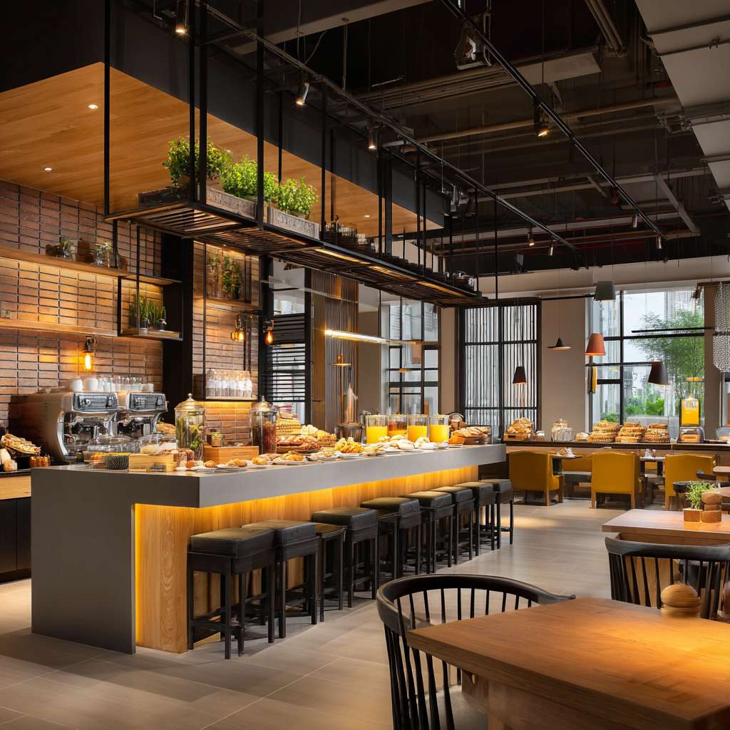 帮我做五张汉庭真实酒店餐厅早餐宣传实拍照片 --ar 1:1 --v 7 --stylize 100 --fast --no 水印