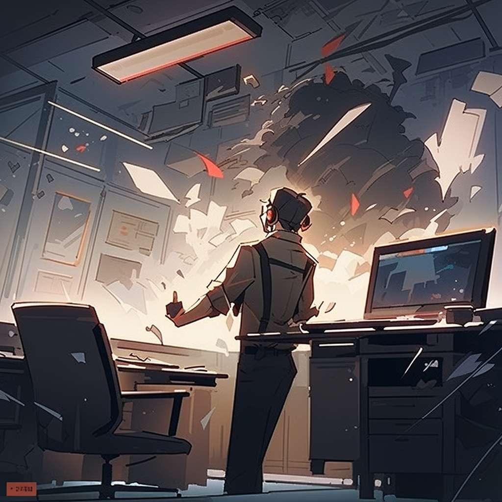 A programmer throwing documents into the air, keyboard smoking, monitor showing "System Crash" message, tie loosened, veins popping on forehead, dark background with red highlights, --ar 1:1 --style scenic --stylize 800 --fast --niji 5