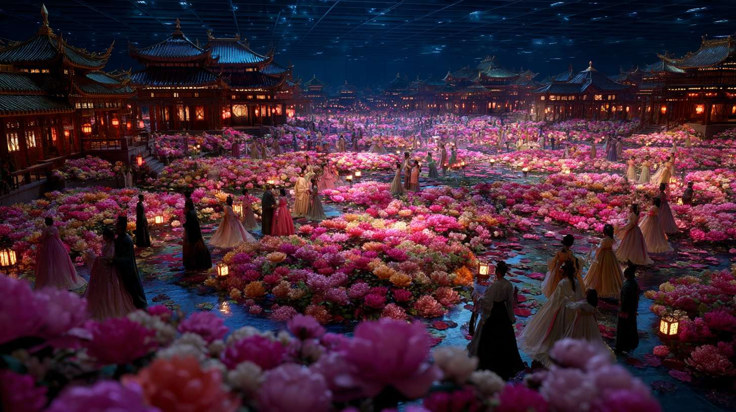 Unreal Engine 5 rendering, in this awe-inspiring scene of the ancient Luoyang Flower Festival, the composition centers on a vast sea of blooming peonies, surrounded by ancient-style pavilions, buildings, and winding corridors adorned with countless red lanterns, while the night sky is continuously lit up by colorful fireworks, the foreground features a celebrating crowd dressed in elegant Hanfu singing and dancing, the middle ground includes traditional Chinese architecture such as eaves-cornered pavilions, and the background blends deep blue starry skies with brilliant fireworks, in terms of color, vibrant reds, golds, and greens dominate, symbolizing luck and wealth, with the pink and white of the flowers sharply contrasting with the warm yellow of the lanterns, and the multicolored lights of the fireworks adding dynamic color variations, the lighting effects are exquisitely detailed, the soft glow from the lanterns casts warm shadows on people's faces and the ground, while the explosive flashes of fireworks create dazzling halos, contrasting with the cool moonlight to enhance the image's depth and dynamism, the entire scene is bustling and lively, with lanterns swaying gloriously, fireworks sparkling brilliantly, and the crowd cheering incessantly, as if transporting the viewer into a dreamlike ancient prosperous era filled with the charm of Chinese elements. --ar 16:9 --v 7 --c 20 --quality 4 --stylize 100 --fast