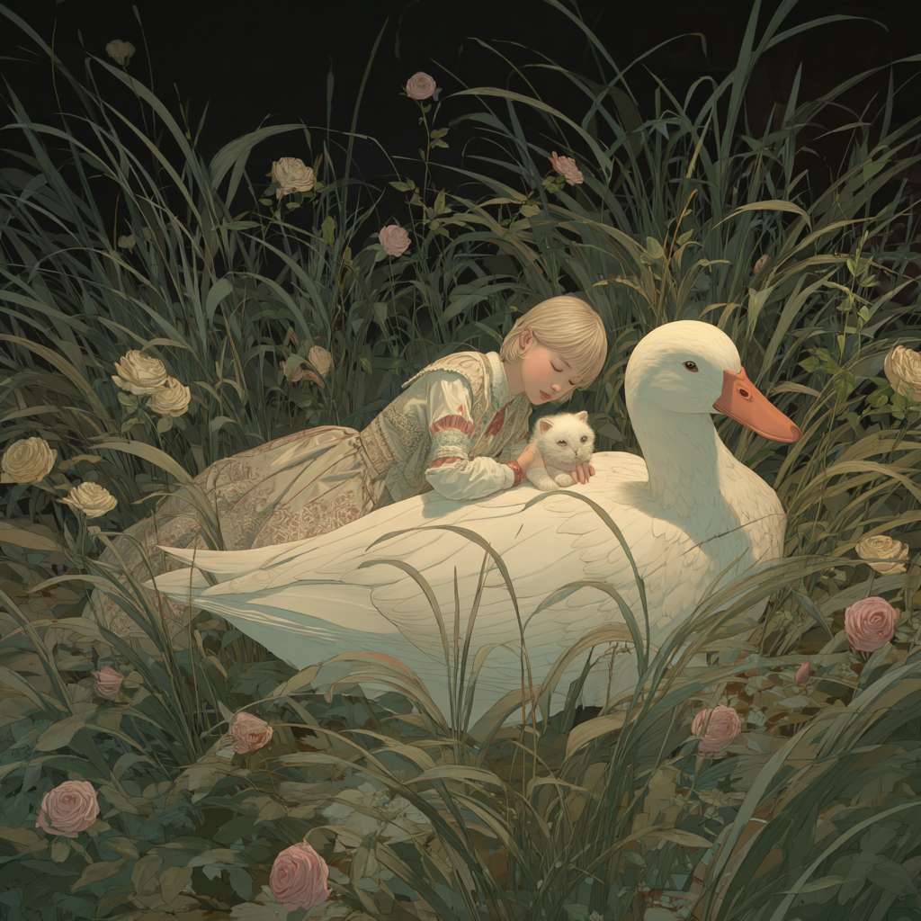 hsiao - ron cheng,in the style of rococo pastel colors,At night,in a vast green grassland, the wind blows through the grass and the grass is rolling like waves. A girl is lying on a very very huge duck. A super huge white cute duck, there is a warm lamp next to the girl and the cat, which illuminates the girl and the duck, mysterious imagination, beauty, in a wilderness grassland, the wind blows down the grass, there are blooming roses in the grass, the contrast between light and dark is strong, the mood is Happy and relaxing, exquisite details, macro lens， large panorama --ar 1:1 --v 7 --stylize 100 --fast