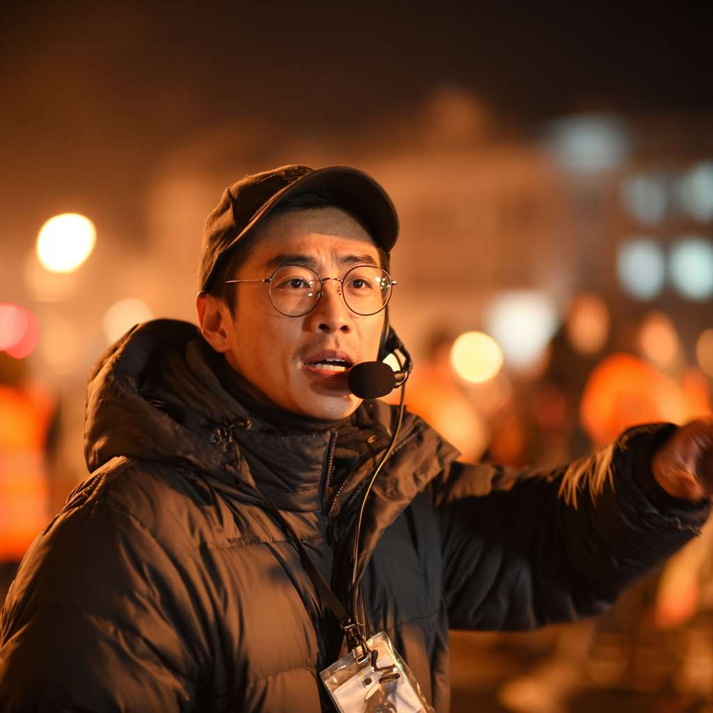 一个节目组导演拿着对讲机很认真地在指导现场，背景是一个夜晚的舞台 --ar 1:1 --v 7 --stylize 100 --fast --no 水印