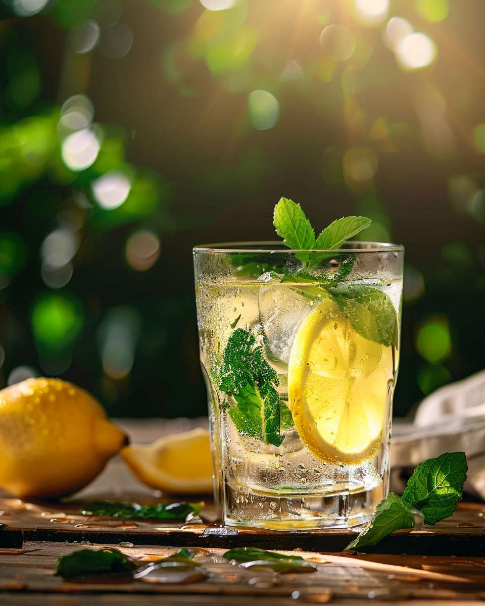 A glass of fresh lemon water with mint leaves on a wooden table, morning sunlight shining through, droplets on the glass, no text, clean and refreshing style --ar 4:5 --v 6 --stylize 100 --fast