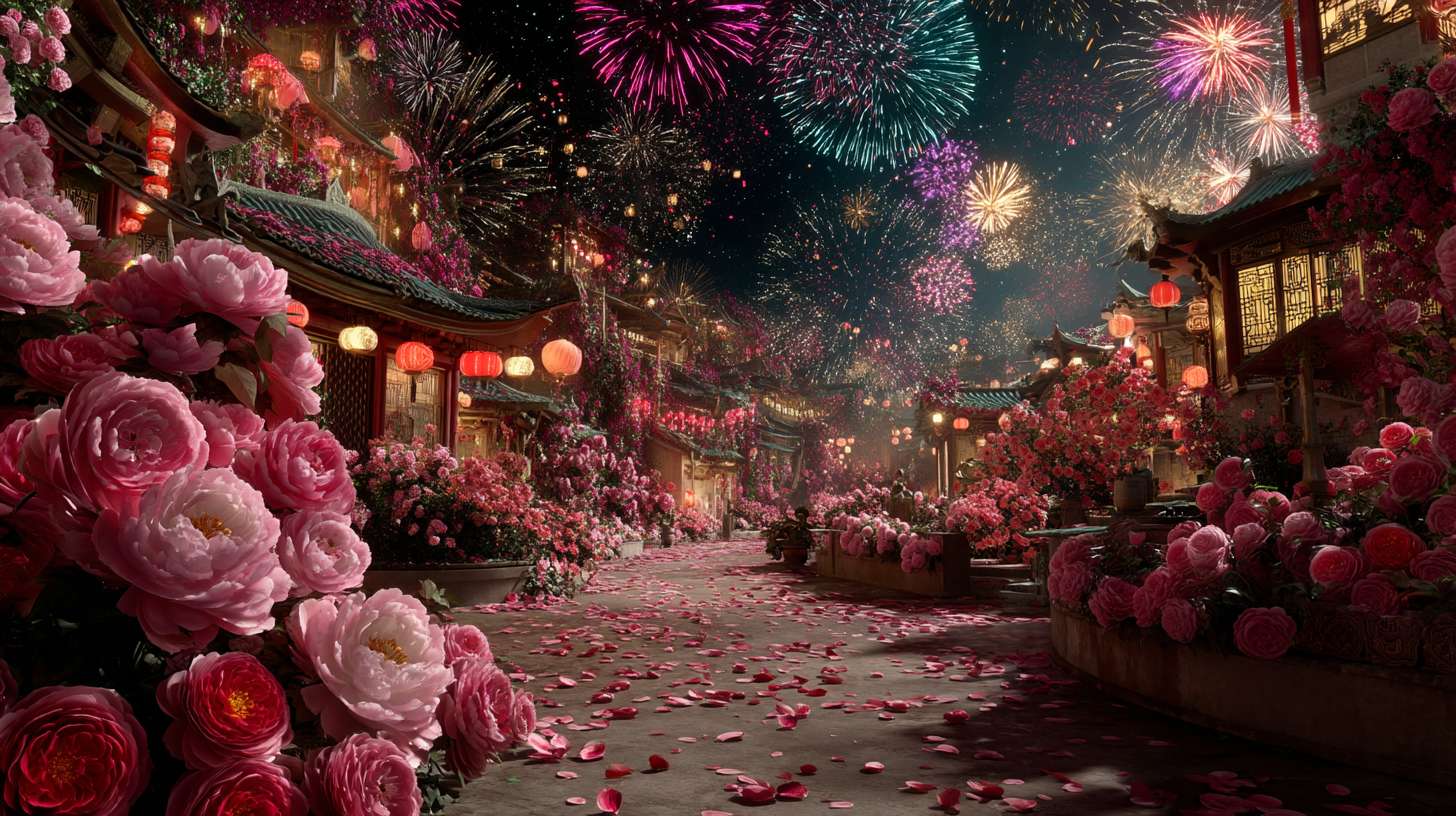 Unreal Engine 5 rendering, in this awe-inspiring scene of the ancient Luoyang Flower Festival, the composition centers on a vast sea of blooming peonies, surrounded by ancient-style pavilions, buildings, and winding corridors adorned with countless red lanterns, while the night sky is continuously lit up by colorful fireworks, the foreground features a celebrating crowd dressed in elegant Hanfu singing and dancing, the middle ground includes traditional Chinese architecture such as eaves-cornered pavilions, and the background blends deep blue starry skies with brilliant fireworks, in terms of color, vibrant reds, golds, and greens dominate, symbolizing luck and wealth, with the pink and white of the flowers sharply contrasting with the warm yellow of the lanterns, and the multicolored lights of the fireworks adding dynamic color variations, the lighting effects are exquisitely detailed, the soft glow from the lanterns casts warm shadows on people's faces and the ground, while the explosive flashes of fireworks create dazzling halos, contrasting with the cool moonlight to enhance the image's depth and dynamism, the entire scene is bustling and lively, with lanterns swaying gloriously, fireworks sparkling brilliantly, and the crowd cheering incessantly, as if transporting the viewer into a dreamlike ancient prosperous era filled with the charm of Chinese elements. --ar 16:9 --v 7 --c 20 --quality 4 --stylize 100 --fast
