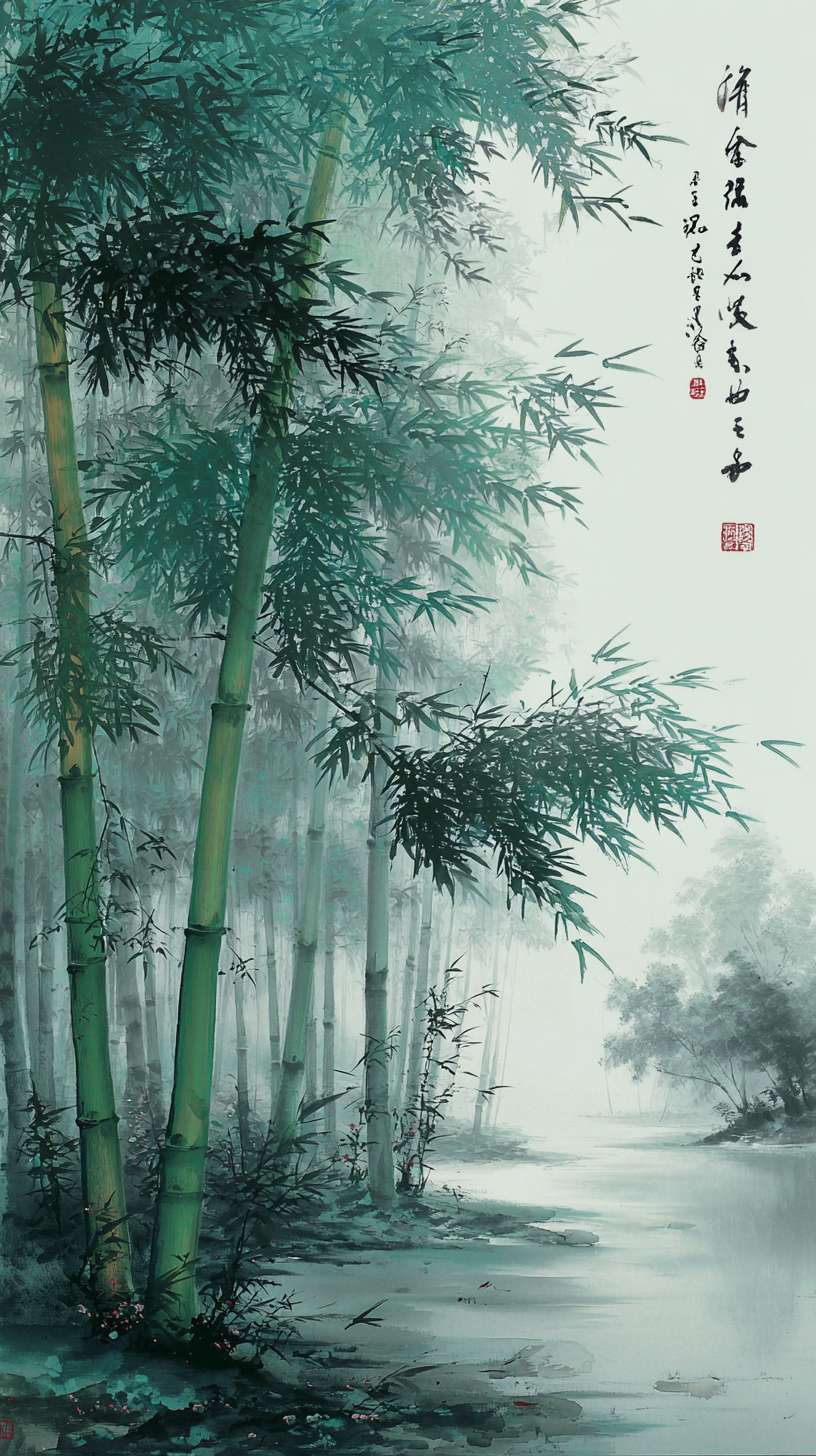 竹林
构图:竖版纵深,前景 3-5 根竹子(完整竹干 + 竹叶),中景竹林密集(简化细节),背景薄雾笼罩核心元素:- 竹干:浓墨垂直线条(底部稍粗、顶部渐细)- 竹叶:“个” 字形淡墨点画(分组排列)- 薄雾:大面积淡墨留白(覆盖中远景)
主色调:青绿色(R120-140, G160-180, B130-150)辅助色:- 竹干阴影:深绿色(R100-120, G140-160, B110-130)- 薄雾:灰白色(R220-230, G220-230, B220-230)统一适配:青绿色饱和度≤40%,与客栈暖色调形成对比但明度统一
1. 竹叶点画笔触与新手村树叶笔触一致2. 薄雾晕染范围与山间小路的云海晕染范围比例一致(占画面 1/4)3. 竹干线条硬度与武馆兵器架线条硬度匹配 --ar 9:16 --v 7 --stylize 100 --fast --no 水印