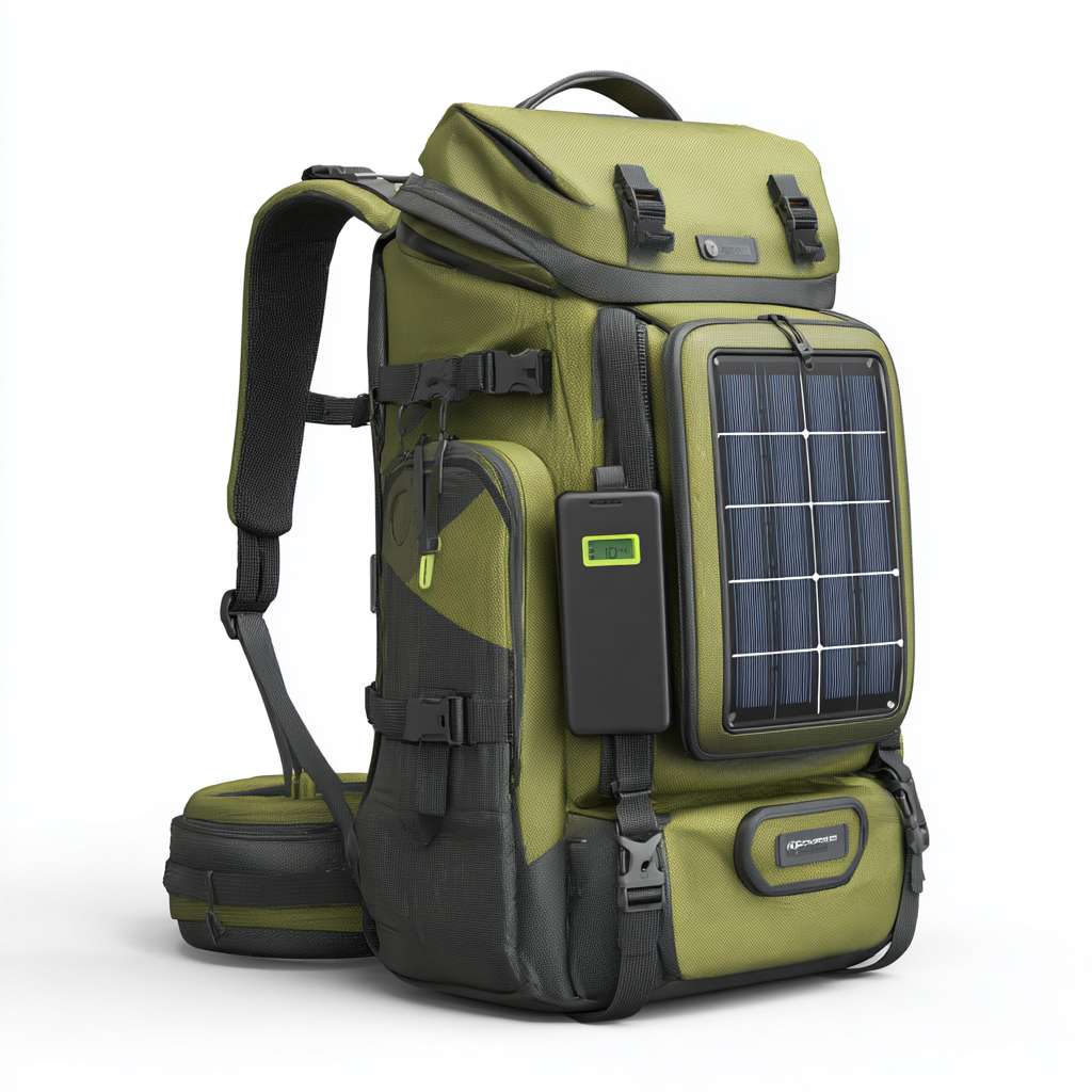 柔性太阳能板，柔软，太阳能板面积更大，与背包为”⾦属卡扣 + 磁吸双重固定“，太阳能板附带小屏幕显示电量，外有多个充电插口，应急灯，不要文字 --ar 1:1 --v 7 --stylize 100 --fast --no 水印