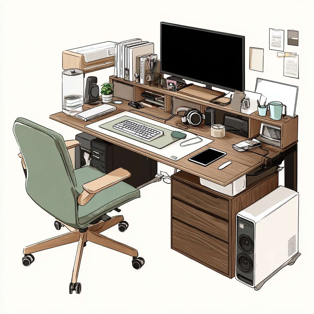 给我一个电脑桌区域的搭配图，区域长度180*85。要有椅子。要提现细节，电脑机箱要放桌面上。电脑桌要有置物架。置物架第二层要放一个哈曼卡顿音响。桌子上要有水杯，小垃圾桶。纸巾。键盘鼠标。手机，插板上插着手机充电器。还有平板。 --ar 1:1 --v 7 --stylize 100 --fast --no 水印