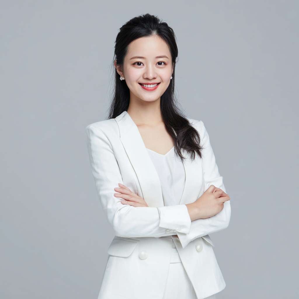 生成一张英语教师女性形象半身正面照，25岁左右，不戴眼镜，身高160左右，体重110斤，白色西服裤子 --ar 1:1 --v 7 --stylize 100 --fast --no 水印