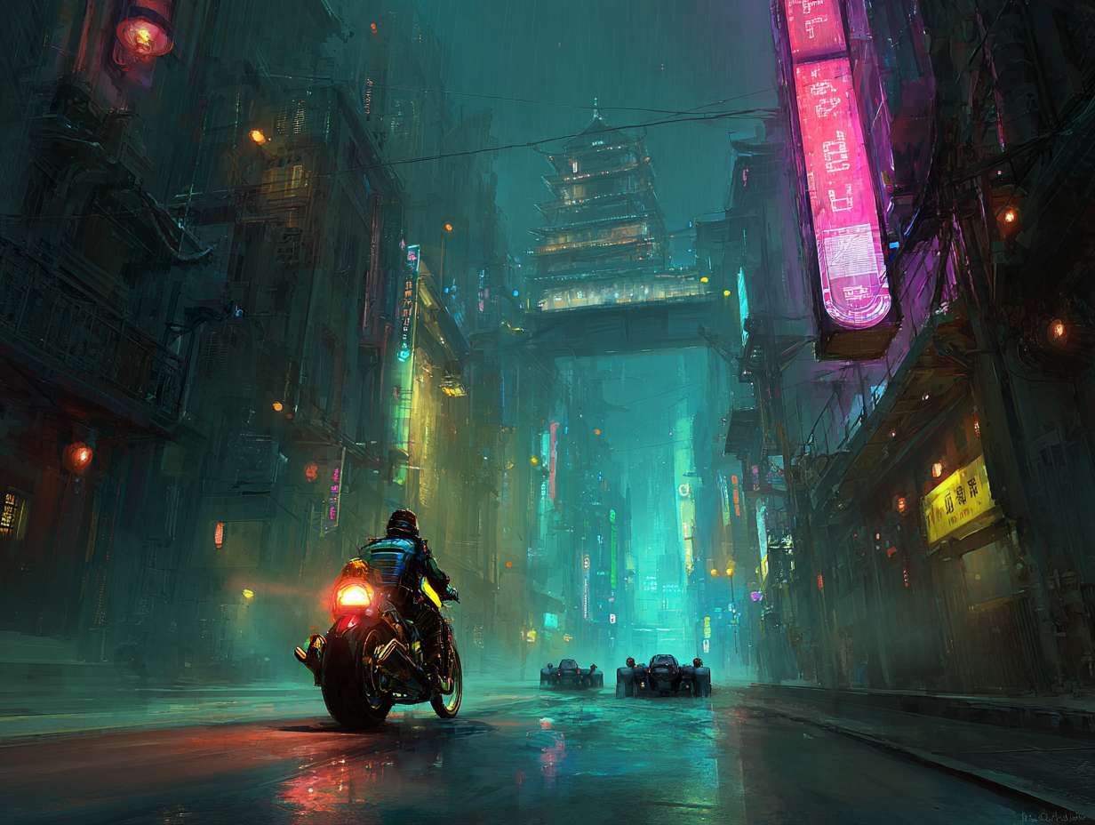 《哪吒重生》赛博朋克风，科幻炫酷的街道，全景，主人公驾驶摩托车在街道行驶在雨夜的城市，霓虹灯光在湿漉漉的街道上折射出扭曲的倒影。李云祥骑着他改装的霓虹摩托在狭窄的巷道中疾驰，身后跟着几辆黑色轿车。建筑风格融合了东方传统寺庙和未来科技元素，街道两旁有许多管道和机械装置。 --ar 4:3 --v 7 --stylize 100 --fast --no 水印