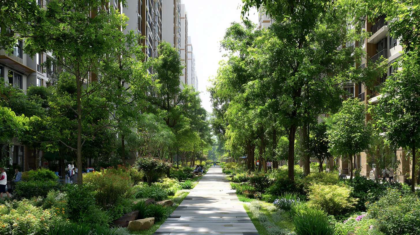 画面是充满生机的城市绿化景观：郁郁葱葱的行道树、小区内的绿荫、市民在树下休憩。 --ar 16:9 --v 7 --stylize 100 --fast --no 水印