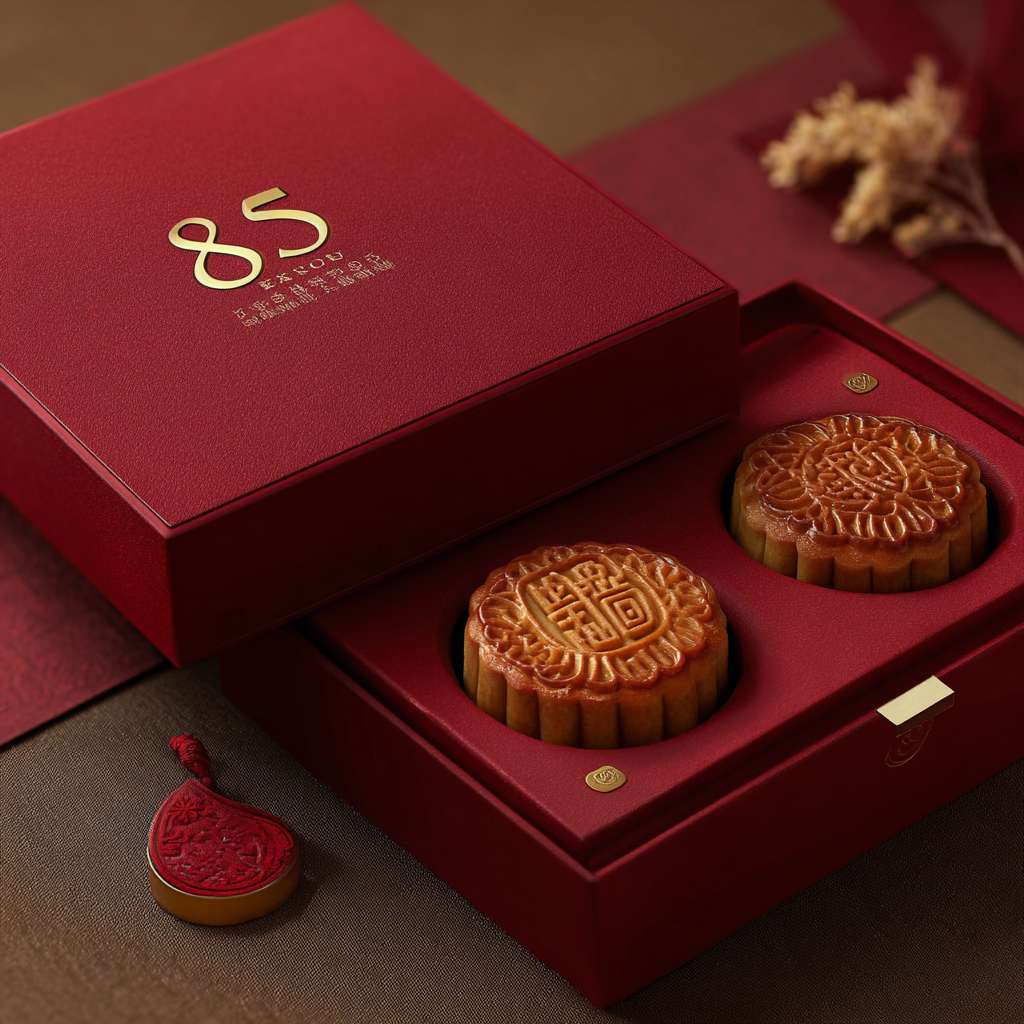 北京理工设计月饼礼盒，今年是85年校庆，可将85两个数字设计成艺术字体，校训是 德以明理 学以精工 --ar 1:1 --v 7 --stylize 100 --fast --no 水印