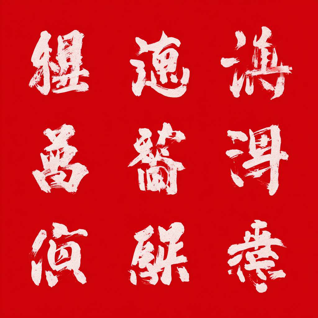 分别生成福祿壽囍財發旺滿春，艺术字，高清，纯白底，纯红色字体。字体饱满、流畅。可添加其他纯色元素。 --ar 1:1 --v 7 --stylize 100 --fast --no 水印