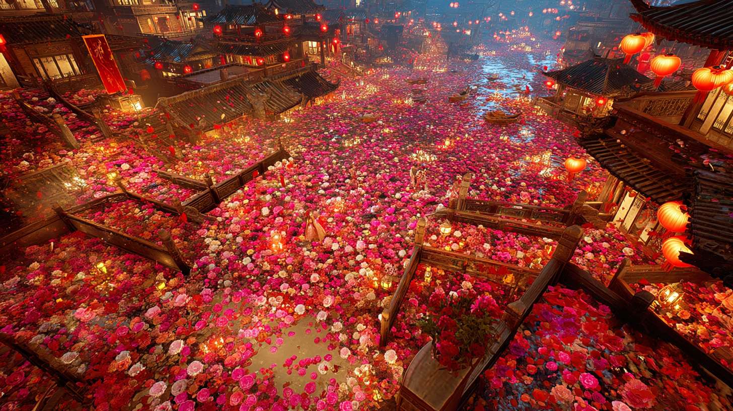 Unreal Engine 5 rendering, in this awe-inspiring scene of the ancient Luoyang Flower Festival, the composition centers on a vast sea of blooming peonies, surrounded by ancient-style pavilions, buildings, and winding corridors adorned with countless red lanterns, while the night sky is continuously lit up by colorful fireworks, the foreground features a celebrating crowd dressed in elegant Hanfu singing and dancing, the middle ground includes traditional Chinese architecture such as eaves-cornered pavilions, and the background blends deep blue starry skies with brilliant fireworks, in terms of color, vibrant reds, golds, and greens dominate, symbolizing luck and wealth, with the pink and white of the flowers sharply contrasting with the warm yellow of the lanterns, and the multicolored lights of the fireworks adding dynamic color variations, the lighting effects are exquisitely detailed, the soft glow from the lanterns casts warm shadows on people's faces and the ground, while the explosive flashes of fireworks create dazzling halos, contrasting with the cool moonlight to enhance the image's depth and dynamism, the entire scene is bustling and lively, with lanterns swaying gloriously, fireworks sparkling brilliantly, and the crowd cheering incessantly, as if transporting the viewer into a dreamlike ancient prosperous era filled with the charm of Chinese elements. --ar 16:9 --v 7 --c 20 --quality 4 --stylize 100 --fast