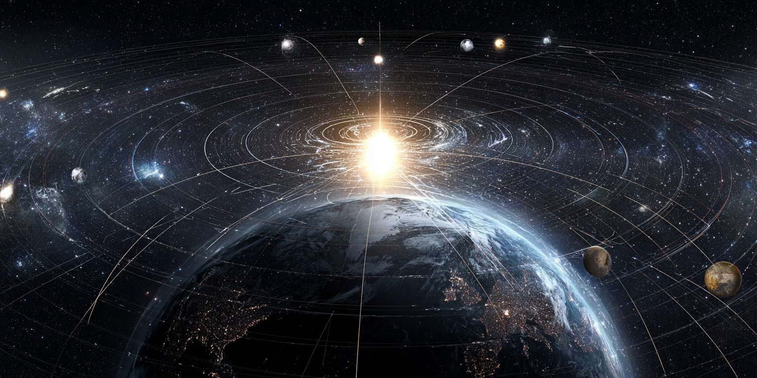 在浩瀚宇宙中有黑洞，星宇，各种星系天体，在这个画面中地球是最进的画面，显得非常科技风，地球外卖呢环绕好多物联网科技风虚线路 --ar 2:1 --v 7 --stylize 100 --fast --no 水印