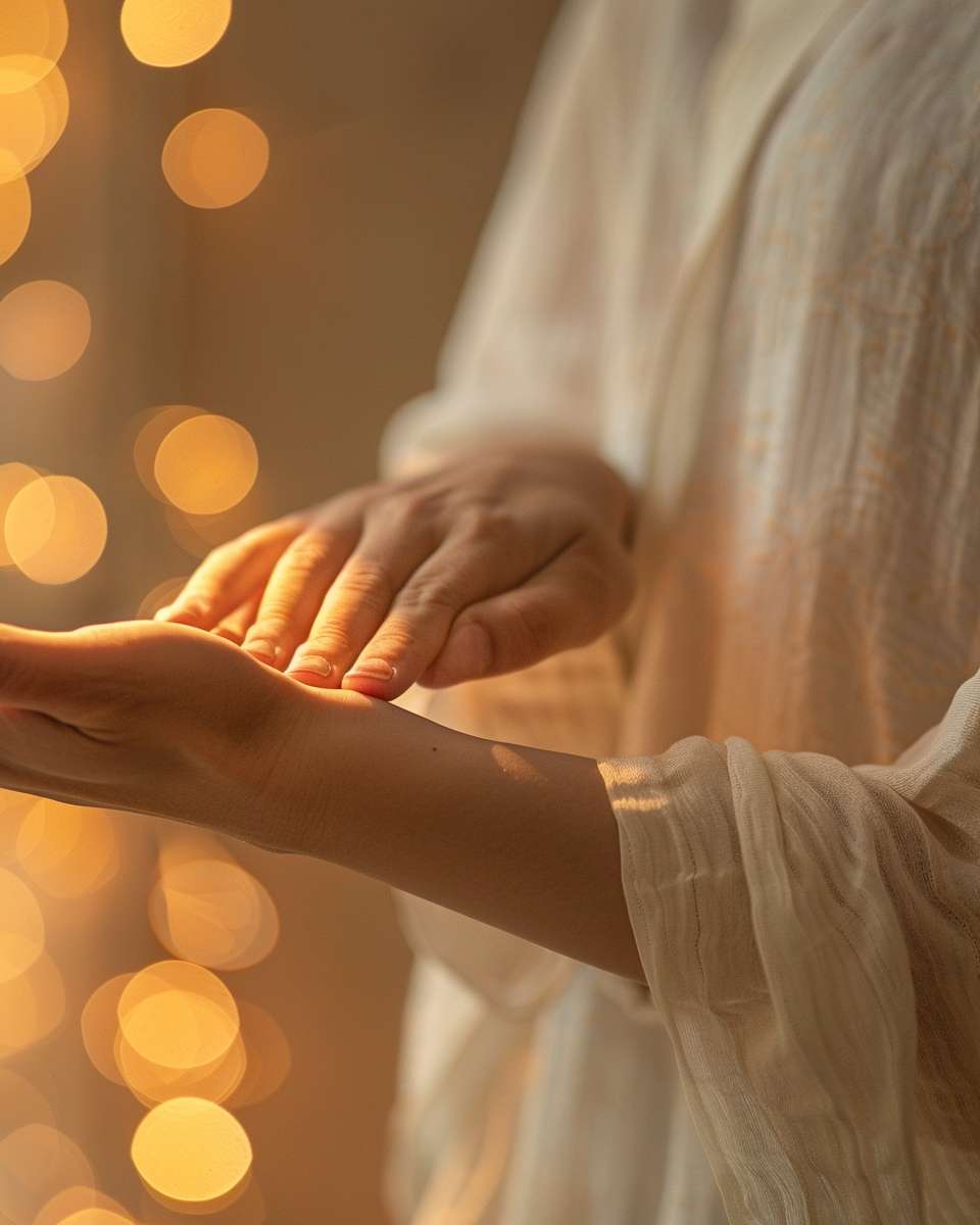 Close-up of hands gently tapping the inner elbow, soft golden light highlighting acupressure points, minimalist Zen style, no text --ar 4:5 --v 6 --stylize 100 --fast