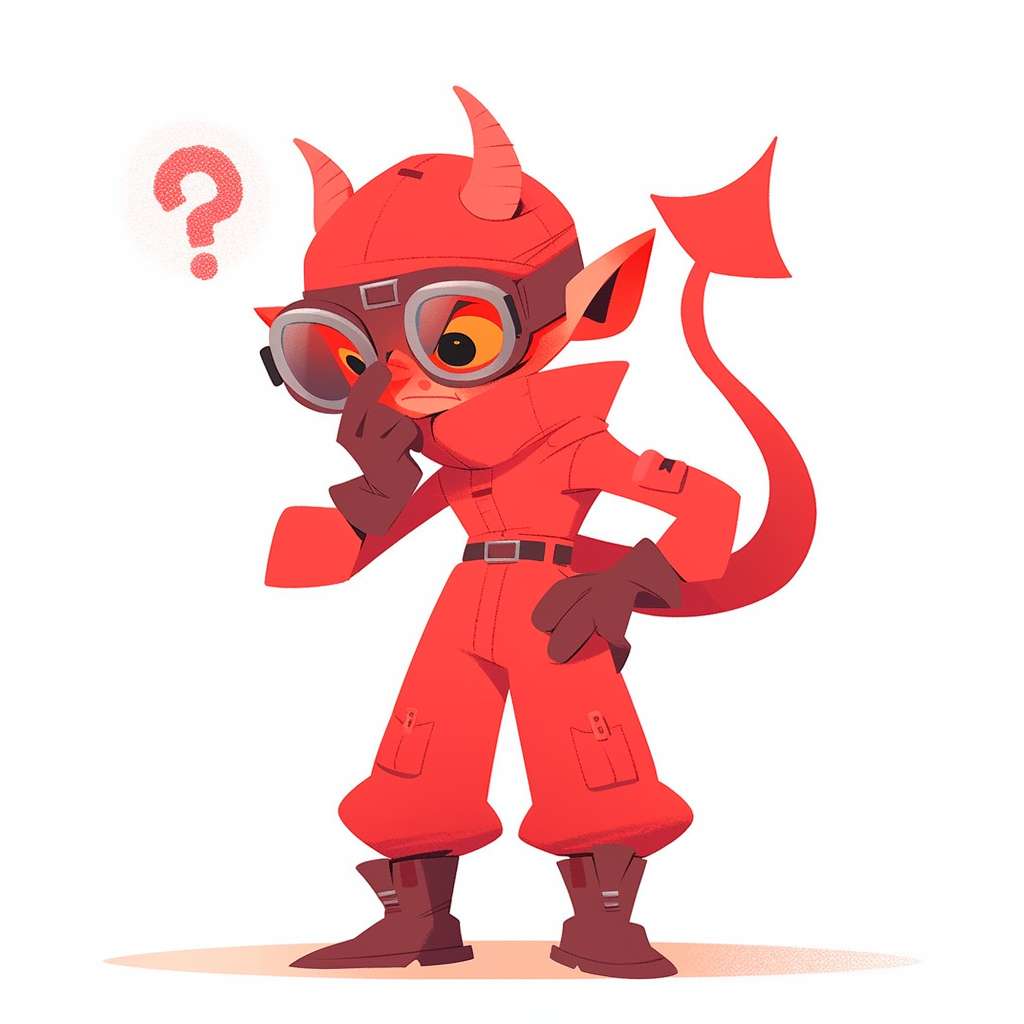 [隐患君]：cartoon red gremlin with smoking question marks, industrial overalls, 2D flat design, Pixar style, white background --ar 1:1 --style expressive --stylize 100 --fast --niji 5