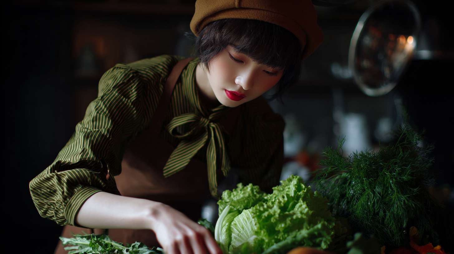 一个特写镜头，年轻的女士在摘菜的手部动作 --ar 16:9 --v 7 --stylize 100 --fast --no 水印