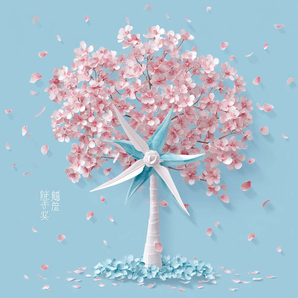 需要做一个立体海报，樱花形状，加入立体可旋转小风车，风车叶片为蒂芙尼蓝 --ar 1:1 --v 7 --stylize 100 --fast --no 水印