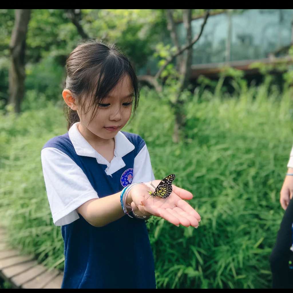 https://img-xpc-mj0.xpccdn.com/prod/upload/6e9dc18e-5afa-4c22-a935-60cd0e1cd4aa/%E5%BE%AE%E4%BF%A1%E5%9B%BE%E7%89%87_20251111164523_1438_207.png~tplv-5yakomv5zn-auto-v1%3A1024%3A0%3Aq75.jpg 一位大約十至十一歲的小學女生站在綠意盎然的草地裡，陽光從樹葉間灑下。她伸出手掌，一隻蝴蝶輕輕停留在她的手上。女孩專注而溫柔地觀察著蝴蝶，表情充滿好奇與純真。真實攝影風格，穿著學校運動服。 --ar 1:1 --v 7 --stylize 100 --fast --iw 1 --no 水印