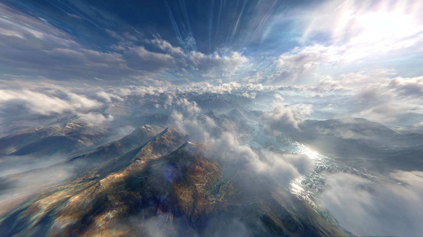 AI画面关键词:
dramatic drone shot soaring upwards, revealing a breathtaking panoramic view of mountains, rivers, and sea from above, the tower becomes small below, expansive, magnificent, clouds break through, god rays, 5d holographic map effect, ultra wide angle --ar 16:9 --v 7 --stylize 100 --fast --no 水印