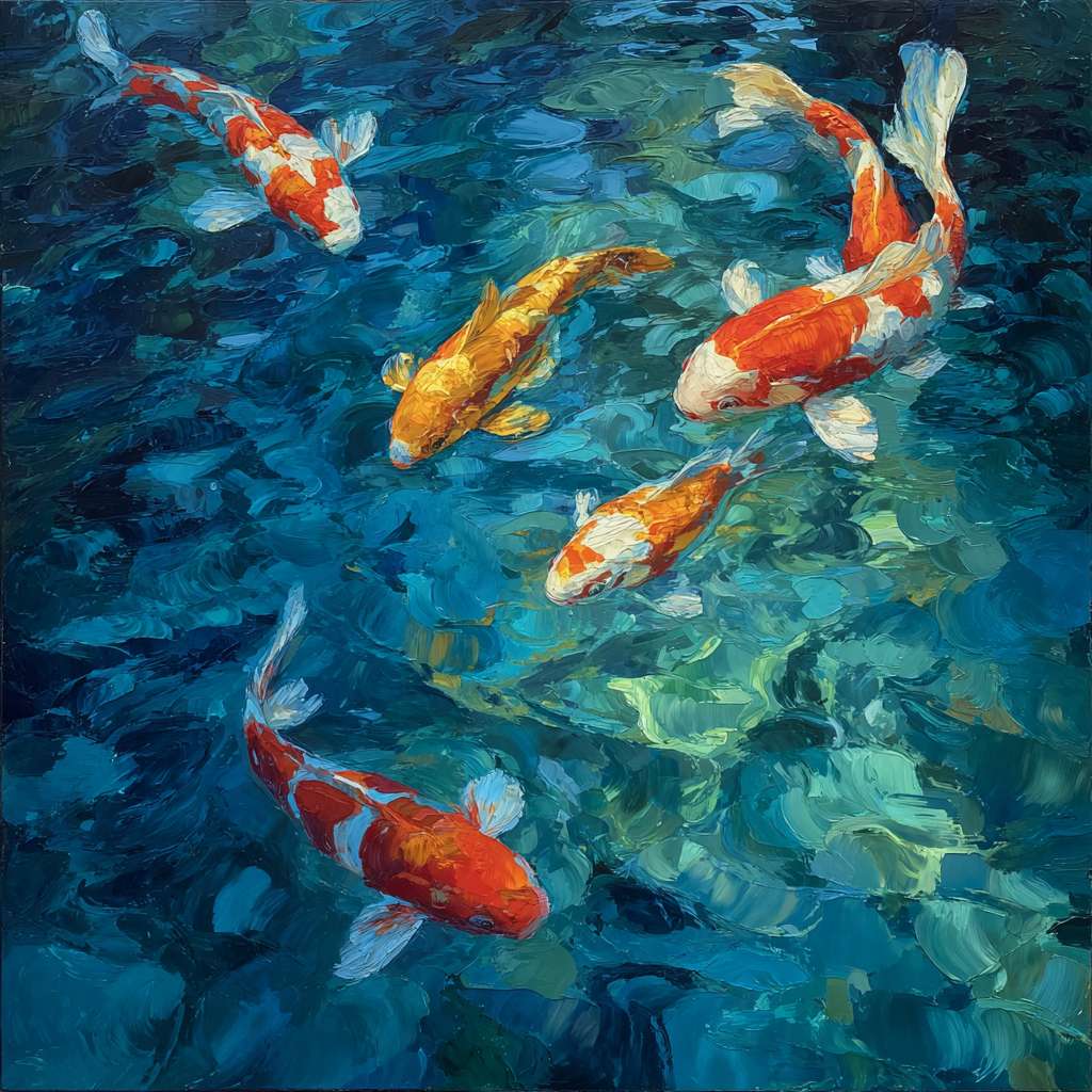 Dreamy blue depths with iridescent light rippling around koi, expressive strokes for water’s motion and fish’s agility, abstract oil. --ar 1:1 --v 7 --stylize 100 --fast