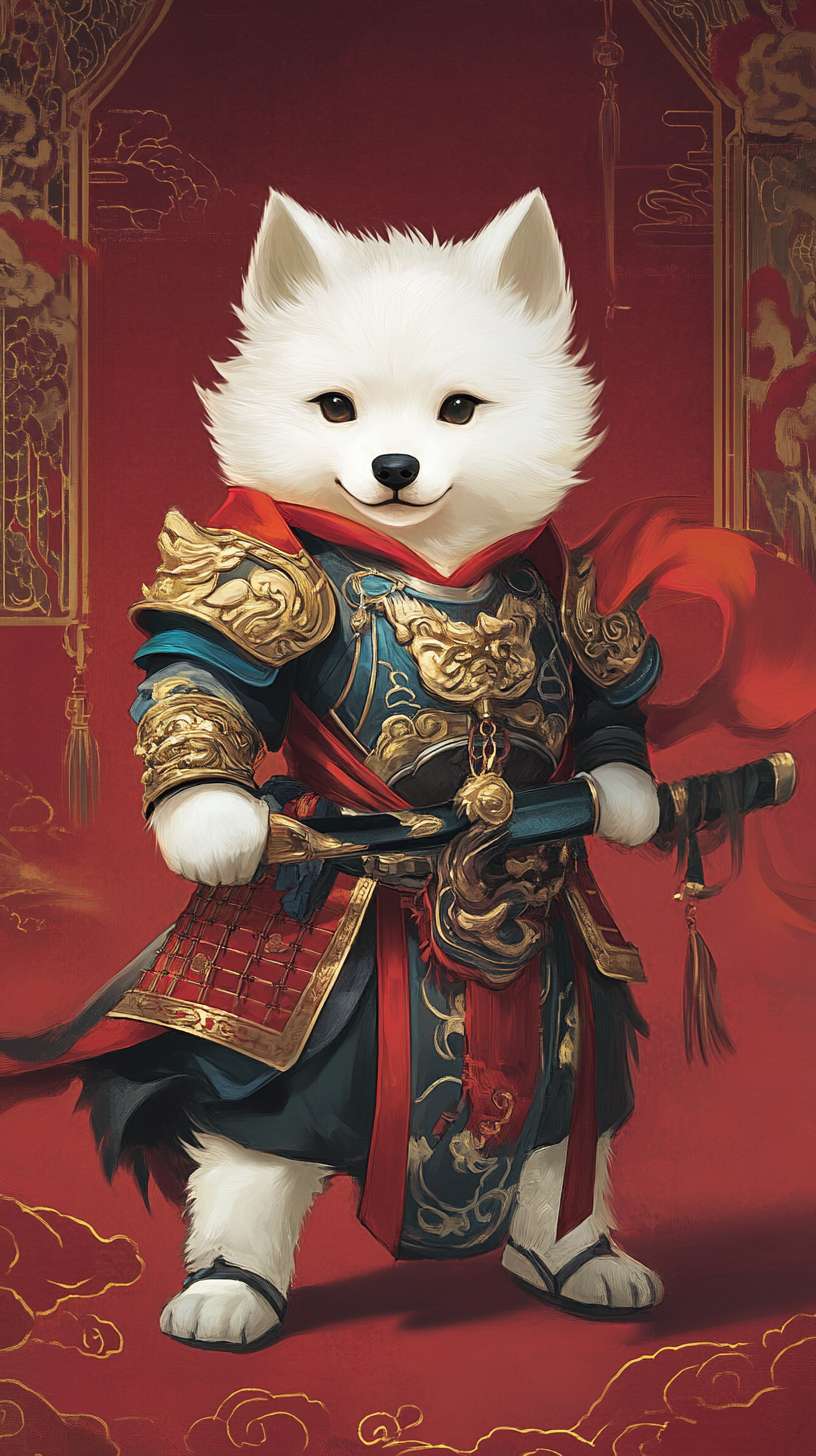 工作任务】设计Q版京剧风阿拉斯加萨摩耶混血武将形象(头身比1:1.5),融合传统戏曲元素与现代卡通美学,适配文创周边生产需求。【角色形象】生物特征:直立犬型(阿拉斯加×萨摩耶混血/边牧毛纹)。面部参数:头部占比40%|眼径8mm(丹凤眼造型)|腮红半径5mm。毛色构成:雪白基底+炭黑条纹(分布比7:3)|耳尖渐变琥珀金。【动作设计】基础姿态:双足分立(间距20cm)|右掌持械高度与眉齐平。武器交互:春秋大刀倾斜角度45°|刀穗飘动幅度15cm。表情控制:犬齿微露|眉间距压缩20%增强威严感
【战甲体系】京剧盔甲:靠旗规格:高48cm×宽18cm(金线回纹密度4条/cm²)。缎面披风:正红色(潘通色卡19-1664TPX)|长度至膝关节。铠甲构造:鱼鳞甲片直径1.2cm|云纹浮雕深度0.3mm。配饰系统:护心镜:直径6cm(镶嵌青金石)玉带钩:4×3cm(阴刻二十八宿图)【武器系统】应龙偃月刀:刃体参数:长72cm(1:1.2角色身高比)|蚀刻密度3纹/cm。刀镡构造:直径9cm(透雕双龙戏珠)。能量特效:刀刃光晕半径8cm(色值#FF4500)【坐骑系统】熔岩战兽:体型参数:头身比1:2|肩高54cm。装甲系统:鳞甲密度15片/dm²|关节散热口6处。动态特效:蹄部火星溅射半径12cm(每秒8帧动画)
【镜头设计】焦段配置:35mm广角(透视畸变率12%)布光方案:主光5600K/辅光3200K|光比1:2.5。景深控制:F4光圈(虚化背景建筑细节)【画面参数】分辨率:4096×3072px(600DPI印刷标准)。色域空间:Adobe RGB 1998。材质通道:3层PBR(基础色/金属度/透光率)。输出格式:PNG-24(透明通道预置)。【三视图体系】正视图: 展示面部表情联动系统(眉毛-耳朵-尾巴动态关联),侧视图: 呈现铠甲层叠结构(6层织物+3层金属复合系统),后视图: 突出靠旗动力学(风速8m/s状态飘动模拟)。 --ar 9:16 --v 6.1 --stylize 100 --fast