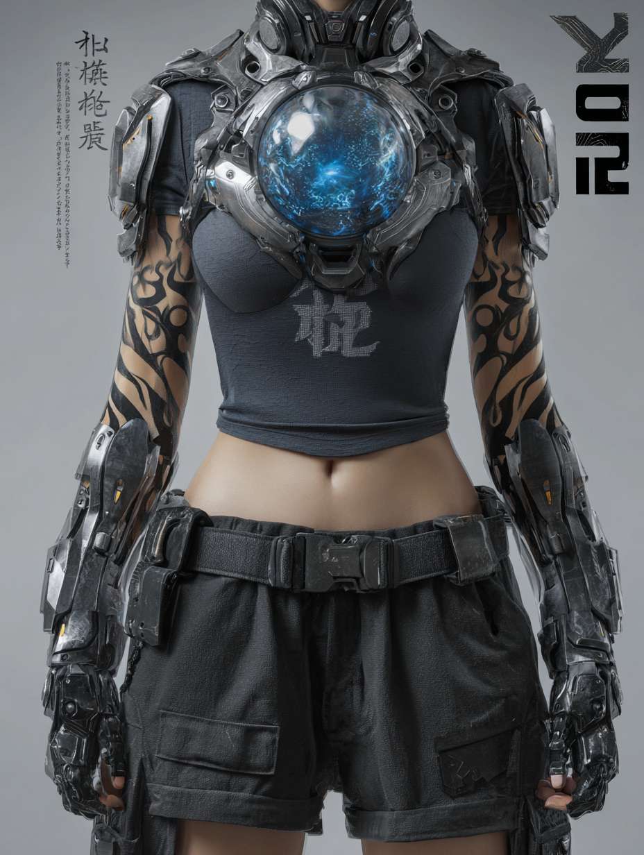 上身设计：内搭黑色紧身速干衣，衣料上印有暗纹火焰图案（仅在强光下可见）。外覆银色分段式机械战甲，肩部装甲呈三角形，边缘有锯齿状设计。胸口是圆形能量核心，外层包裹透明合金罩，内部蓝色火焰状能量随呼吸起伏，核心下方印有 “云祥” 二字（手写体，体现自我身份认同）。双臂为可变形机械臂，平时收缩为黑色皮质护臂形态（印有赛车涂鸦），战斗时展开为银色机械结构，手掌心有凹槽，可凝聚火焰能量。
下身设计：穿着黑色工装裤，裤腿侧边有拉链口袋（用于放置机械零件与应急工具），膝盖处装有黑色防撞护膝，护膝表面有蓝色电路纹路。腰部系着宽版黑色皮带，左侧挂着父亲遗留的摩托钥匙（金属材质，钥匙链是小型火焰吊坠），右侧挂着战术匕首（刀柄缠绕红色皮质绳，模拟混天绫质感）。脚部为黑色高帮机械战靴，靴底有防滑纹路，鞋跟处装有小型推进装置（战斗时可辅助跳跃），靴筒外侧印有蓝色火焰标识。绘制一个人物全身图 --ar 3:4 --v 7 --stylize 100 --fast --no 水印