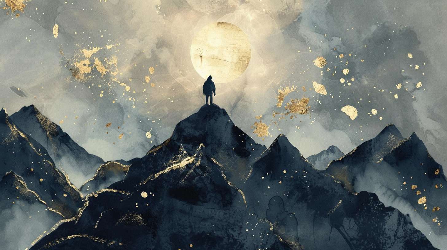 A lone figure standing on mountain peak facing cosmic sky, ink wash style with gold leaf accents, Taoist immortals aesthetic, no text, ethereal lighting --ar 16:9 --v 6 --stylize 100 --fast