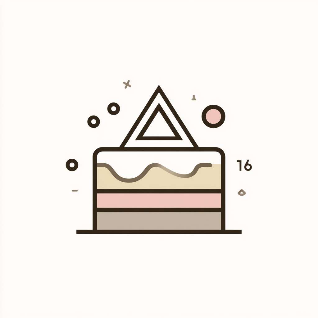 Modern flat vector logo of a simple cream cake with a line-art triangle on top. Surrounded by a few floating numbers (like 18, 100). Color palette: cream, dusty pink, dark brown, and light grey. Clean, isolated on white. --ar 1:1 --v 7 --stylize 100 --fast