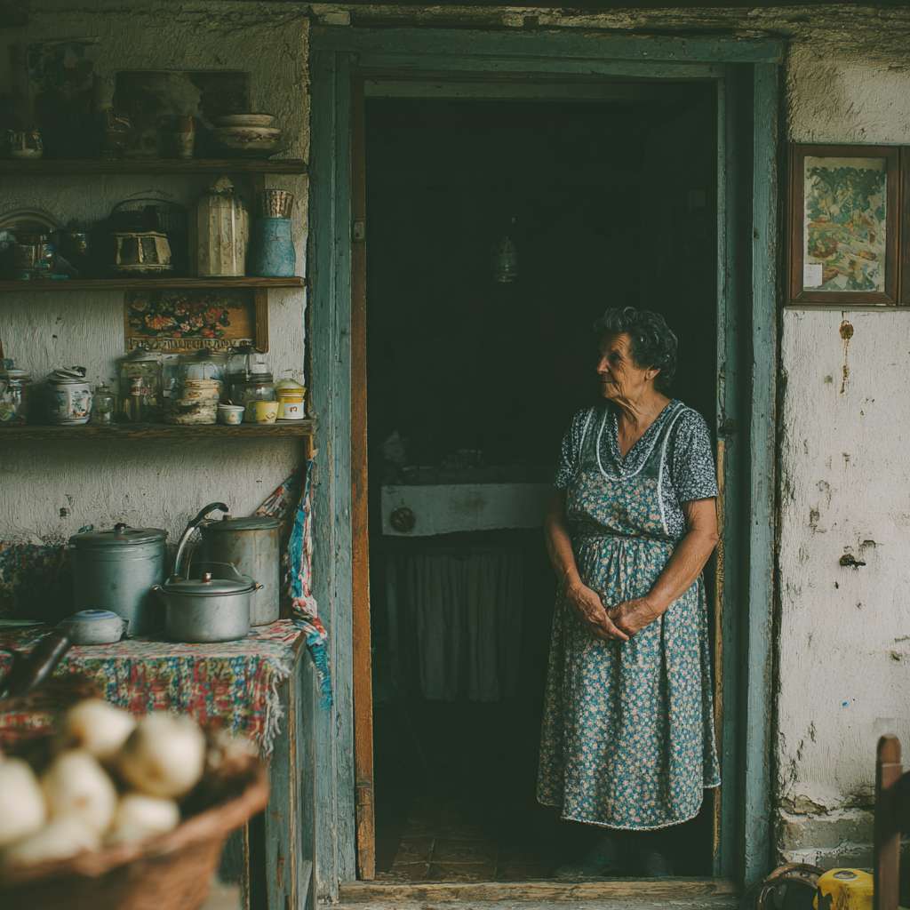 奶奶系着围裙从屋里走出 --ar 1:1 --v 7 --stylize 100 --fast --no 水印